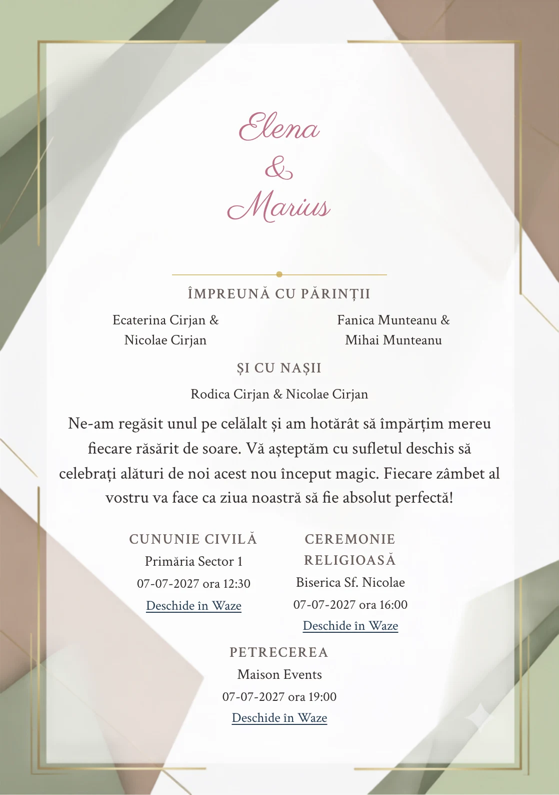 Fundalul Planuri Senine, pentru invitații de nuntă, se remarcă prin planuri tonale asimetrice și accente de alb mat, verde fistic cenușiu și maro cacao deschis.