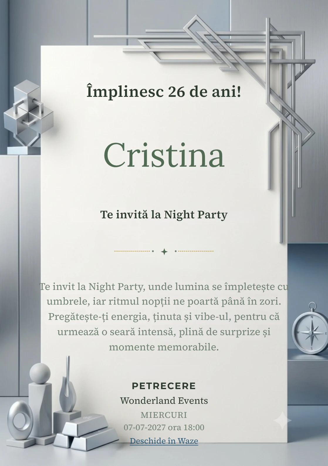 Modelul Platinum Mood, invitație digitală pentru ziua de naștere a adulților, pune în valoare forme liniare din platină stilizată.
