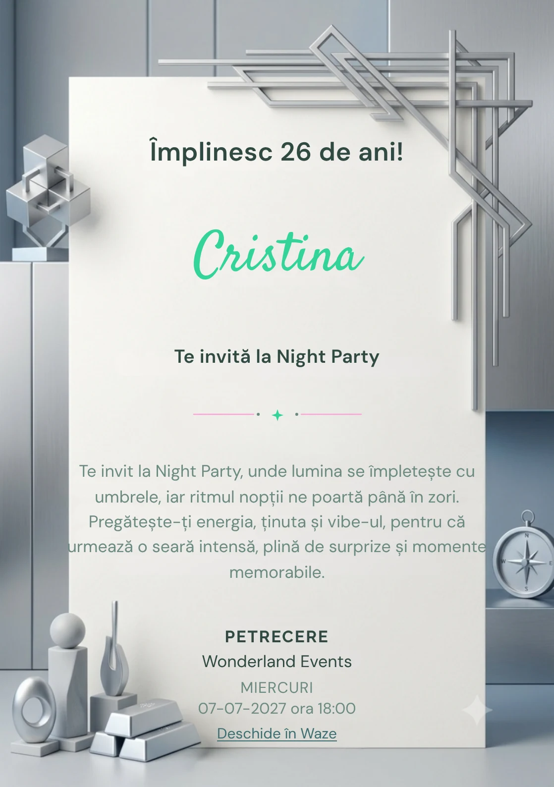Modelul Platinum Mood, invitație digitală pentru ziua de naștere a adulților, pune în valoare forme liniare din platină stilizată.