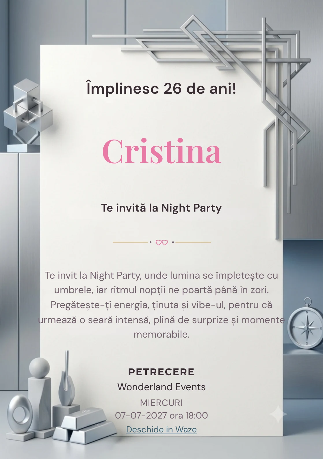Modelul Platinum Mood, invitație digitală pentru ziua de naștere a adulților, pune în valoare forme liniare din platină stilizată.