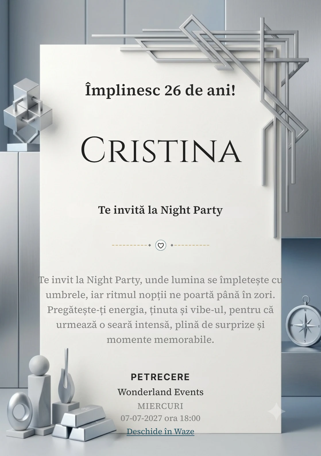 Modelul Platinum Mood, invitație digitală pentru ziua de naștere a adulților, pune în valoare forme liniare din platină stilizată.