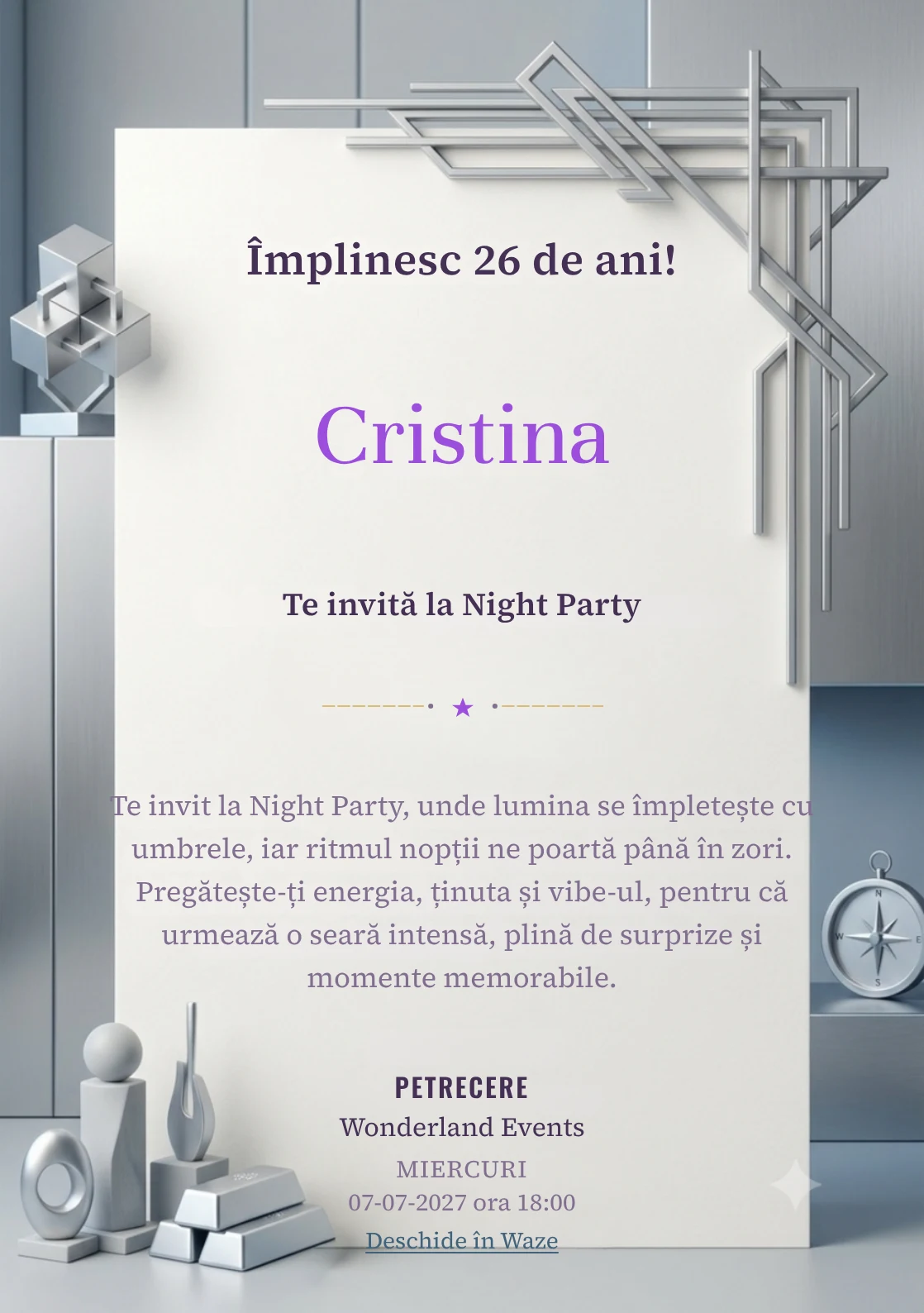 Modelul Platinum Mood, invitație digitală pentru ziua de naștere a adulților, pune în valoare forme liniare din platină stilizată.