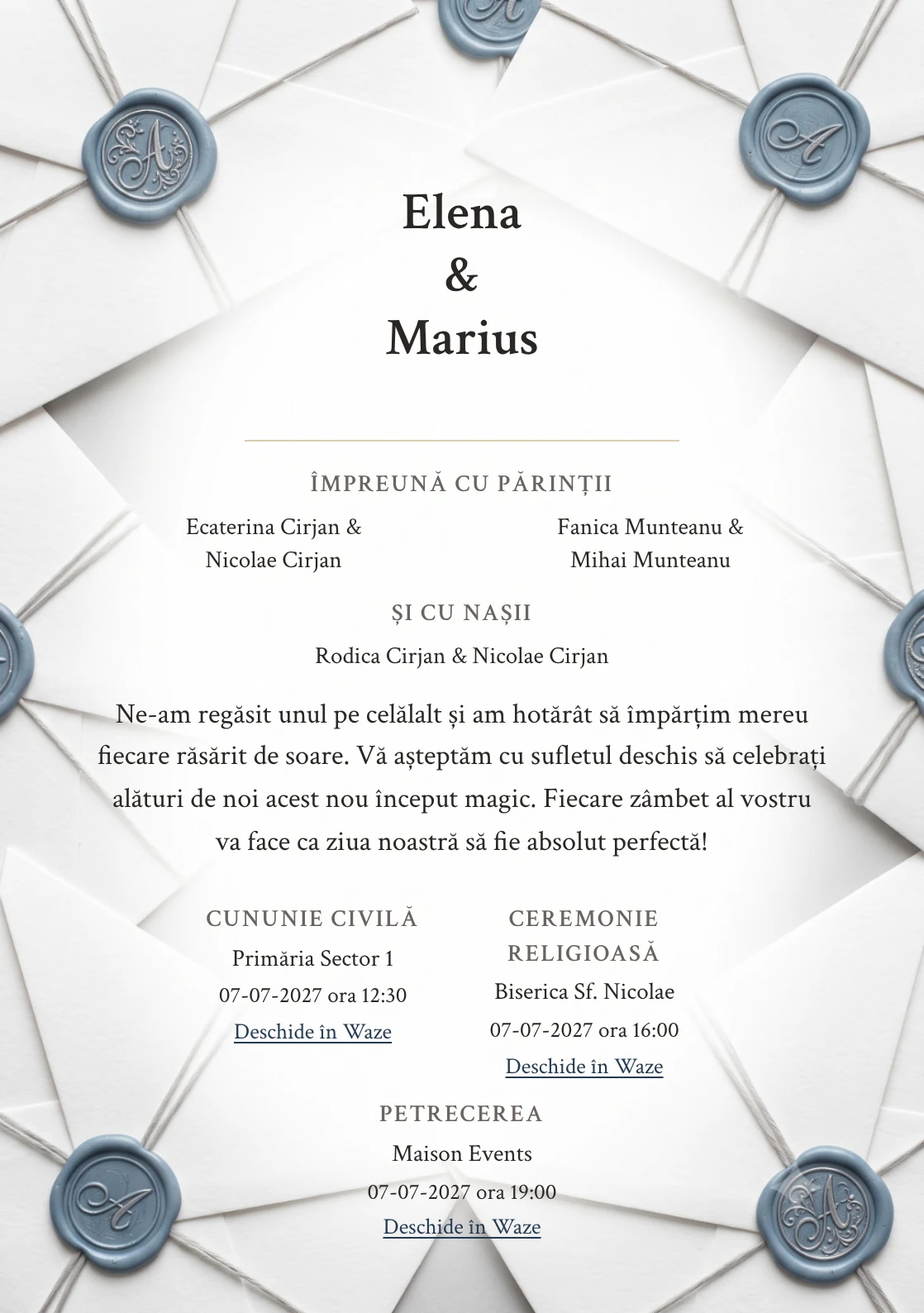 Plic de Azur, pentru o invitație de nuntă, pune accent pe sigiliu albastru praf pe straturi de plic, alături de tonuri de ceară albastru praf, alb bumbac și gri lavă.