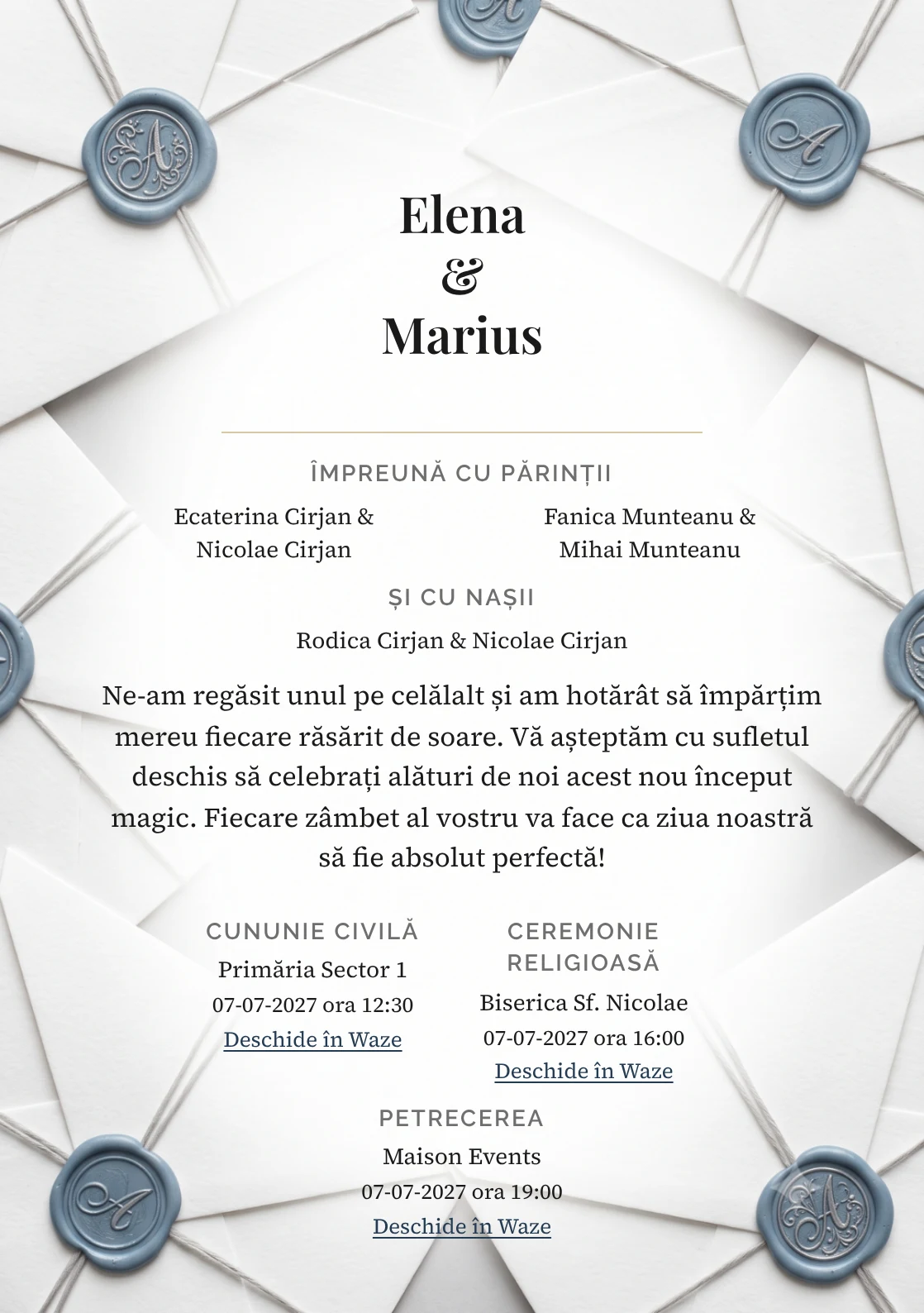 Plic de Azur, pentru o invitație de nuntă, pune accent pe sigiliu albastru praf pe straturi de plic, alături de tonuri de ceară albastru praf, alb bumbac și gri lavă.