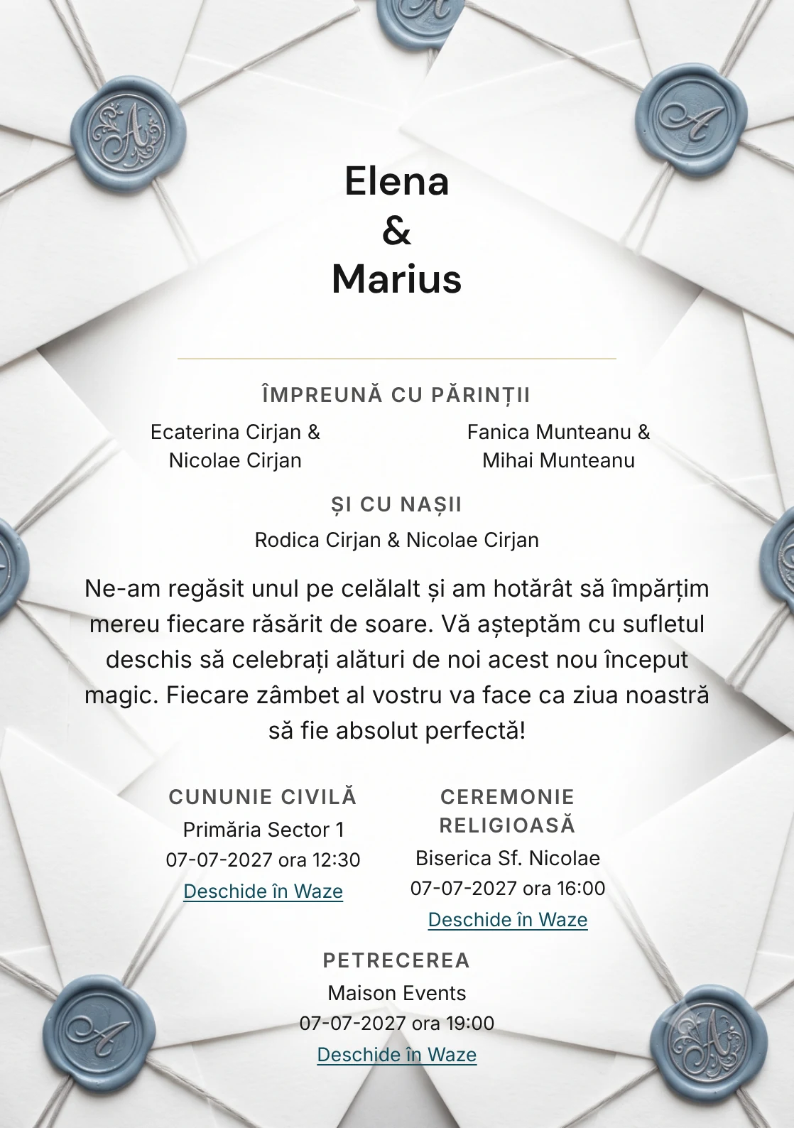 Plic de Azur, pentru o invitație de nuntă, pune accent pe sigiliu albastru praf pe straturi de plic, alături de tonuri de ceară albastru praf, alb bumbac și gri lavă.