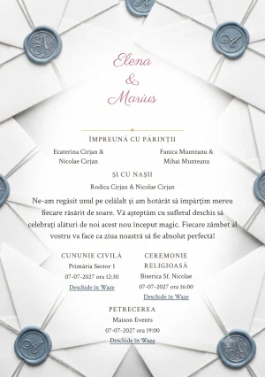 Plic de Azur, pentru o invitație de nuntă, pune accent pe sigiliu albastru praf pe straturi de plic, alături de tonuri de ceară albastru praf, alb bumbac și gri lavă.