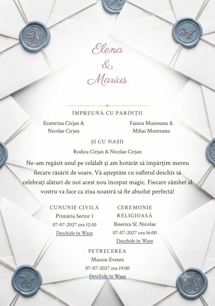 Plic de Azur, pentru o invitație de nuntă, pune accent pe sigiliu albastru praf pe straturi de plic, alături de tonuri de ceară albastru praf, alb bumbac și gri lavă.
