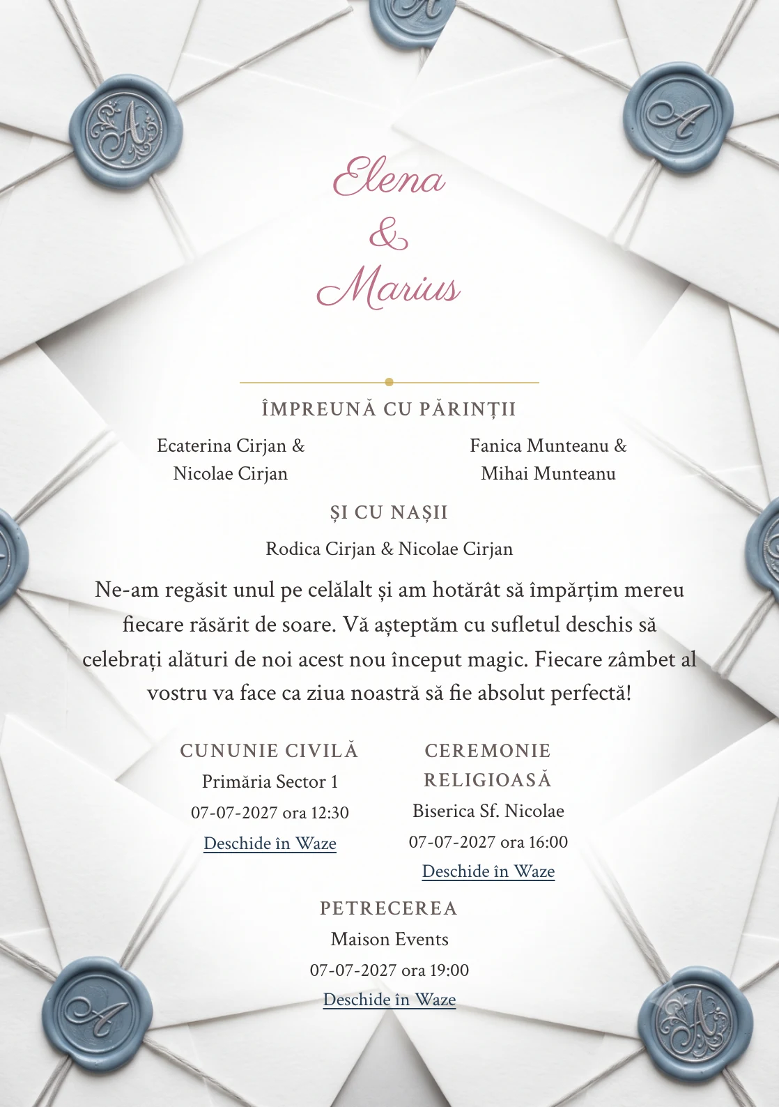 Plic de Azur, pentru o invitație de nuntă, pune accent pe sigiliu albastru praf pe straturi de plic, alături de tonuri de ceară albastru praf, alb bumbac și gri lavă.