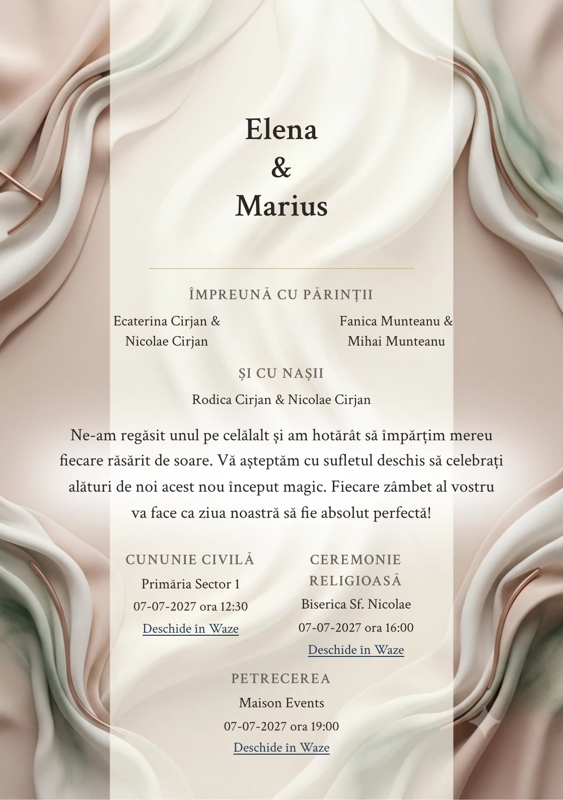 Imaginea Pliuri de Gală, pentru invitații de nuntă, este definită de pliuri sculpturale de material couture și tonuri de alb couture, nude rozaliu și verde pin diluat.