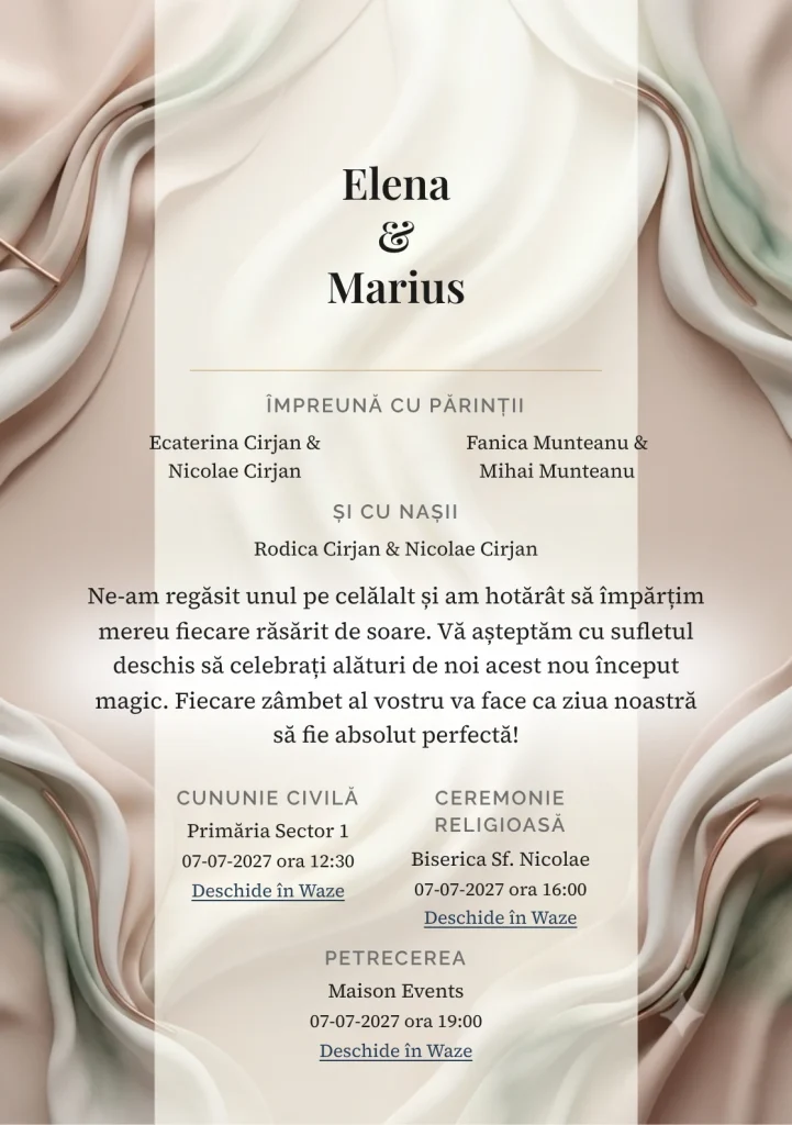Imaginea Pliuri de Gală, pentru invitații de nuntă, este definită de pliuri sculpturale de material couture și tonuri de alb couture, nude rozaliu și verde pin diluat.