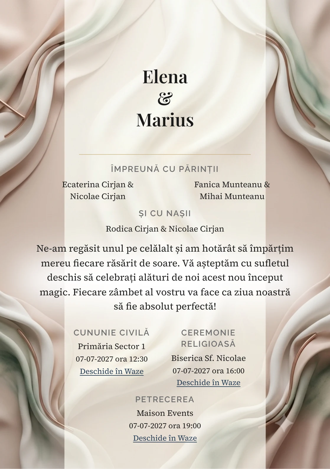 Imaginea Pliuri de Gală, pentru invitații de nuntă, este definită de pliuri sculpturale de material couture și tonuri de alb couture, nude rozaliu și verde pin diluat.