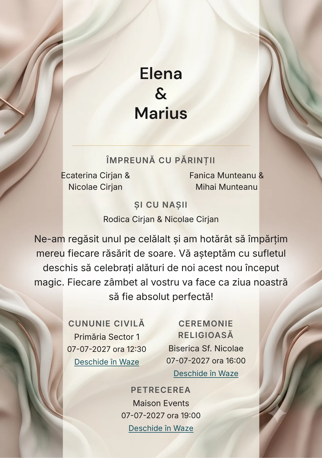 Imaginea Pliuri de Gală, pentru invitații de nuntă, este definită de pliuri sculpturale de material couture și tonuri de alb couture, nude rozaliu și verde pin diluat.