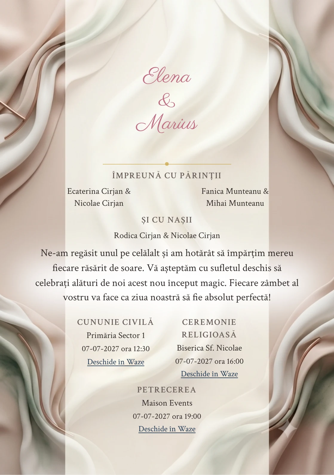 Imaginea Pliuri de Gală, pentru invitații de nuntă, este definită de pliuri sculpturale de material couture și tonuri de alb couture, nude rozaliu și verde pin diluat.