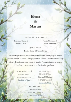 Ploaie de Aprilie, în colecția de invitații nuntă, are ca reper vizual perdea de ploaie fină, în nuanțe de verde mugur, alb ploaie și bleu primăvară.