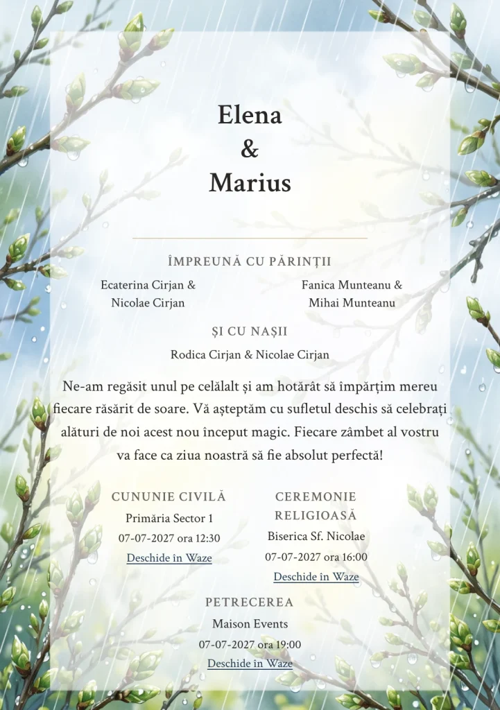 Ploaie de Aprilie, în colecția de invitații nuntă, are ca reper vizual perdea de ploaie fină, în nuanțe de verde mugur, alb ploaie și bleu primăvară.