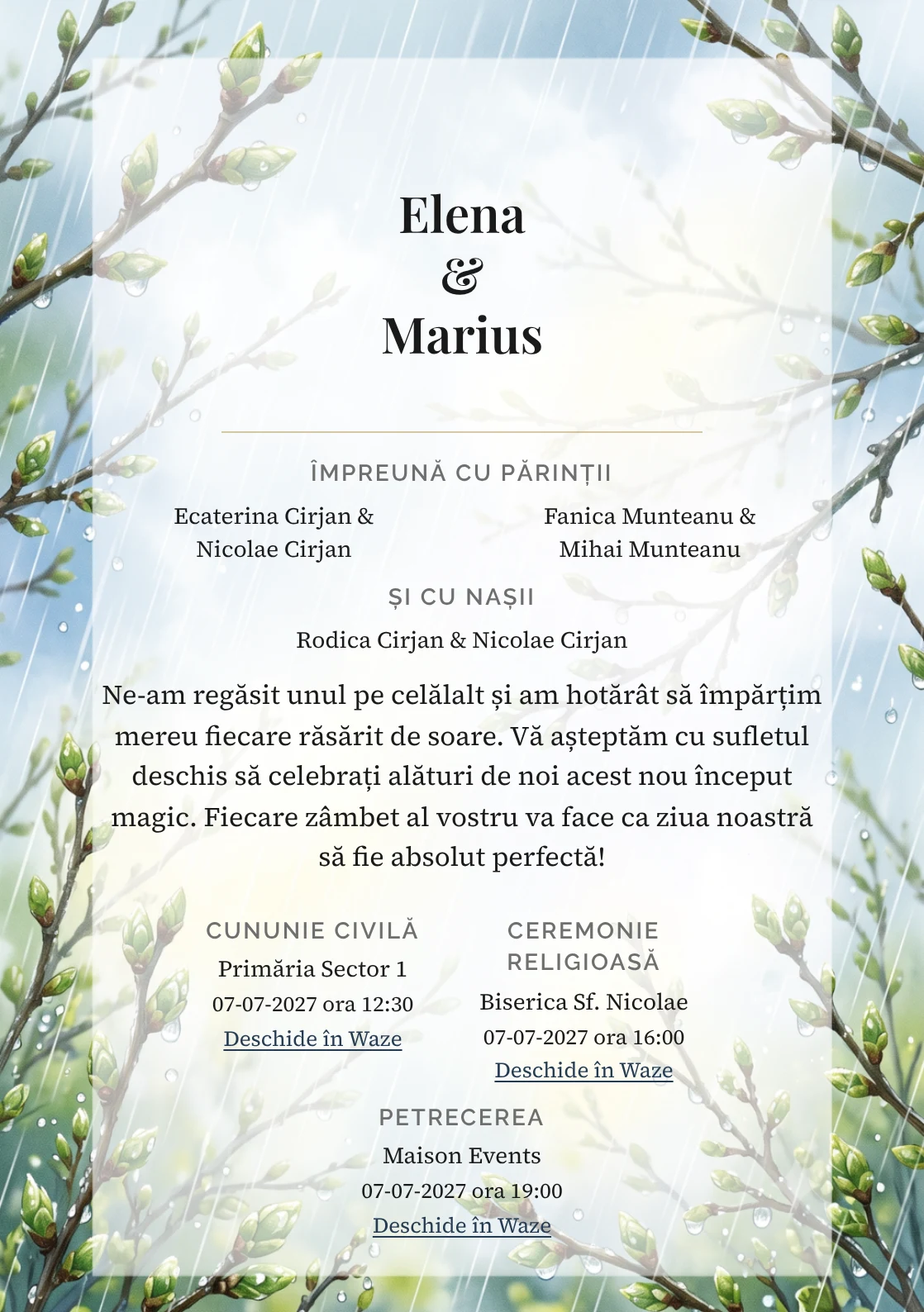 Ploaie de Aprilie, în colecția de invitații nuntă, are ca reper vizual perdea de ploaie fină, în nuanțe de verde mugur, alb ploaie și bleu primăvară.
