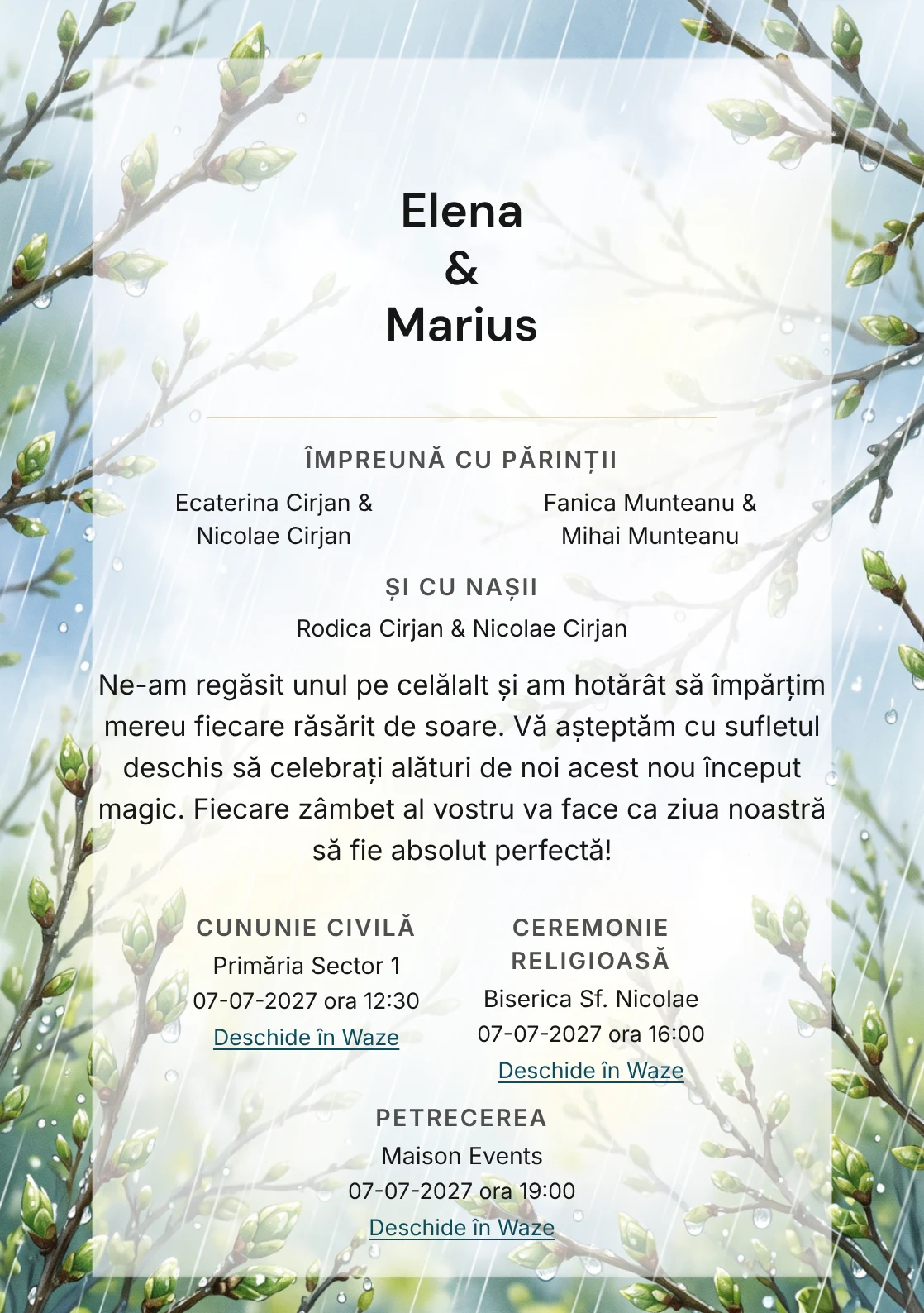 Ploaie de Aprilie, în colecția de invitații nuntă, are ca reper vizual perdea de ploaie fină, în nuanțe de verde mugur, alb ploaie și bleu primăvară.