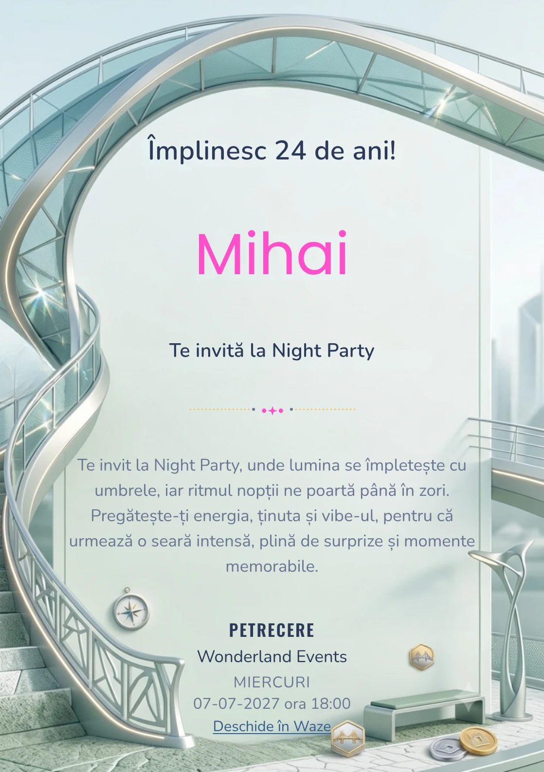 Poduri Contemporane este un model de invitații online pentru o aniversare adultă, definit vizual de o structură arhitecturală curbată.
