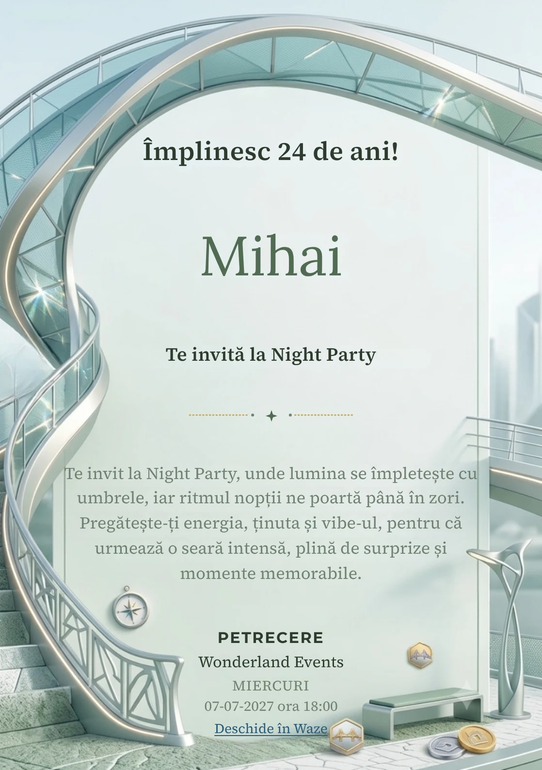 Poduri Contemporane este un model de invitații online pentru o aniversare adultă, definit vizual de o structură arhitecturală curbată.