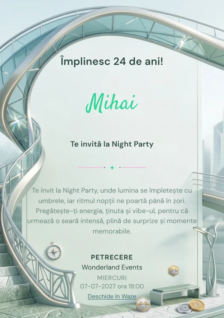 Poduri Contemporane este un model de invitații online pentru o aniversare adultă, definit vizual de o structură arhitecturală curbată.