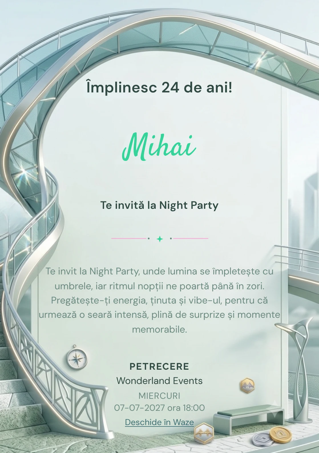 Poduri Contemporane este un model de invitații online pentru o aniversare adultă, definit vizual de o structură arhitecturală curbată.