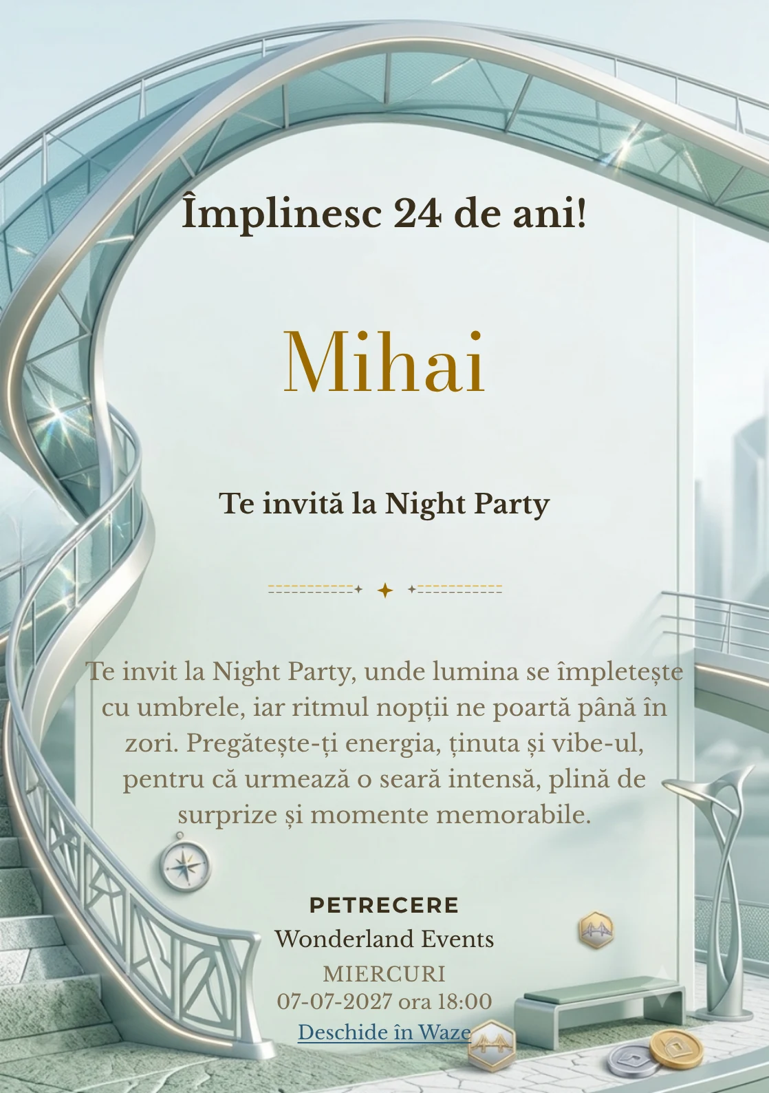 Poduri Contemporane este un model de invitații online pentru o aniversare adultă, definit vizual de o structură arhitecturală curbată.