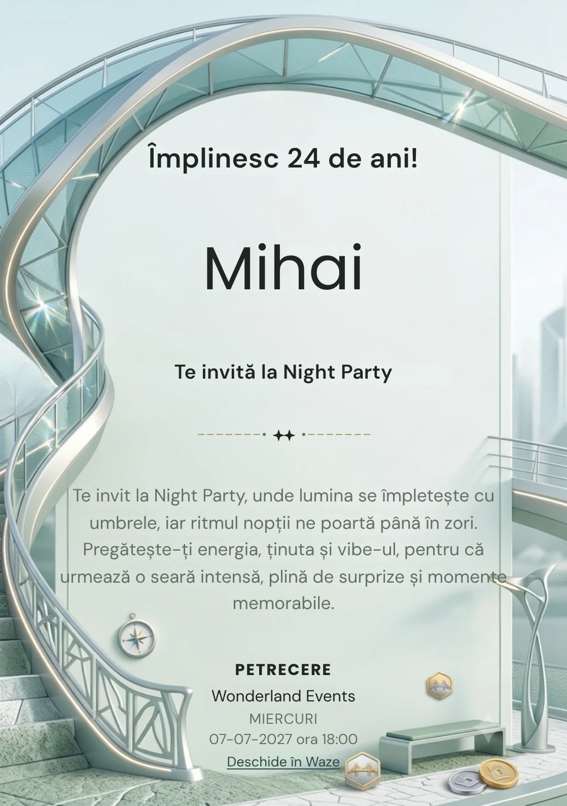 Poduri Contemporane este un model de invitații online pentru o aniversare adultă, definit vizual de o structură arhitecturală curbată.