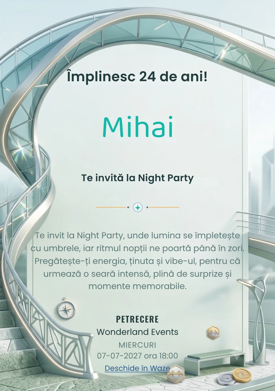 Poduri Contemporane este un model de invitații online pentru o aniversare adultă, definit vizual de o structură arhitecturală curbată.