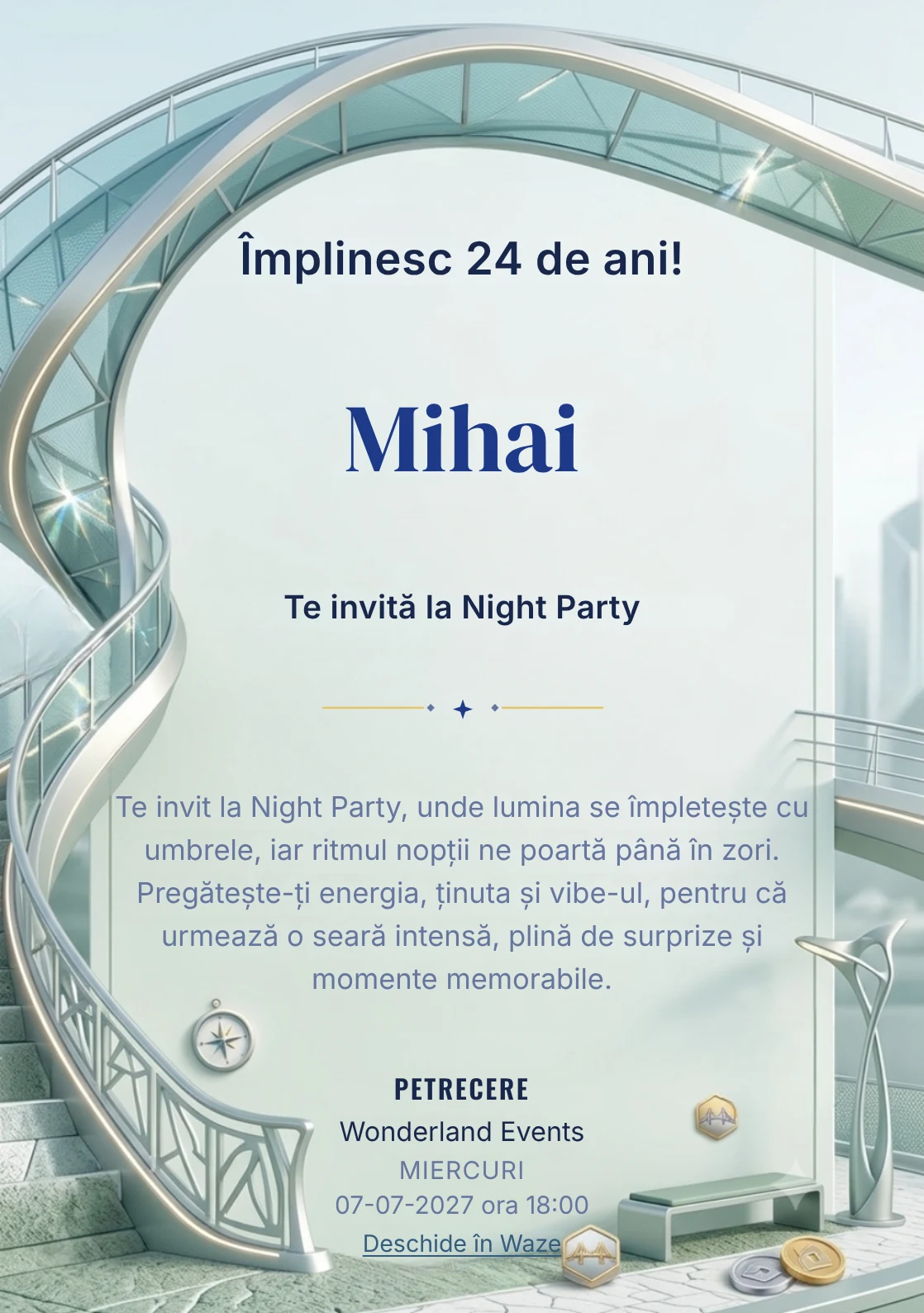 Poduri Contemporane este un model de invitații online pentru o aniversare adultă, definit vizual de o structură arhitecturală curbată.