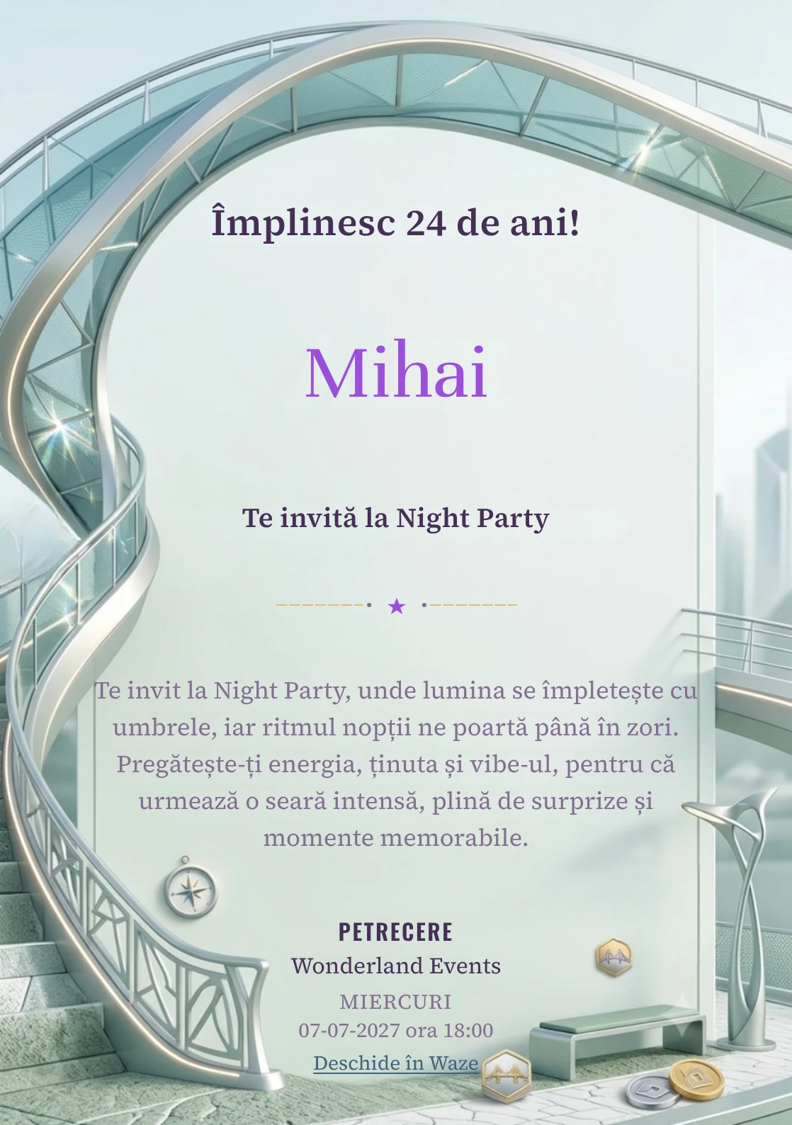 Poduri Contemporane este un model de invitații online pentru o aniversare adultă, definit vizual de o structură arhitecturală curbată.