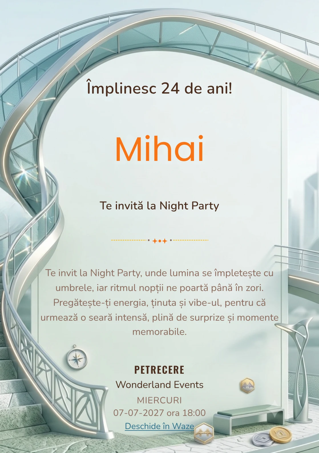 Poduri Contemporane este un model de invitații online pentru o aniversare adultă, definit vizual de o structură arhitecturală curbată.