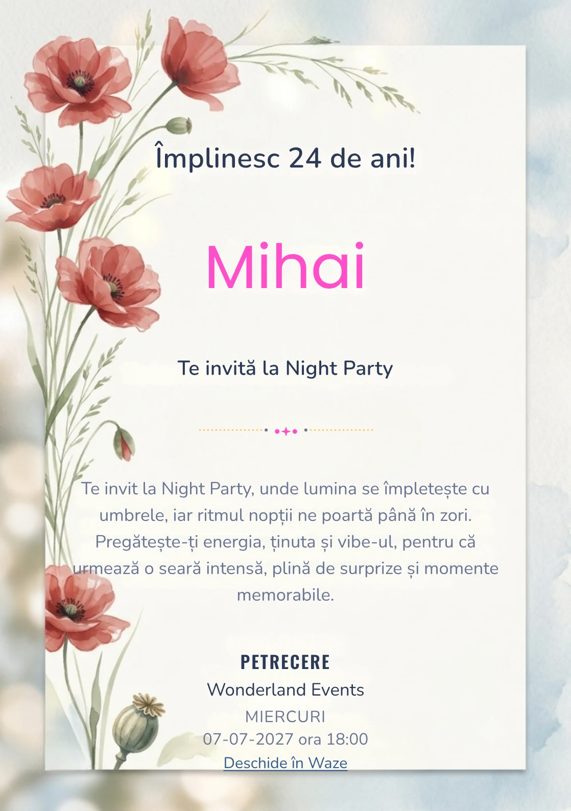 Poiana cu Maci este un model de invitații digitale pentru o aniversare adultă, definit vizual de maci picturali poziționați.
