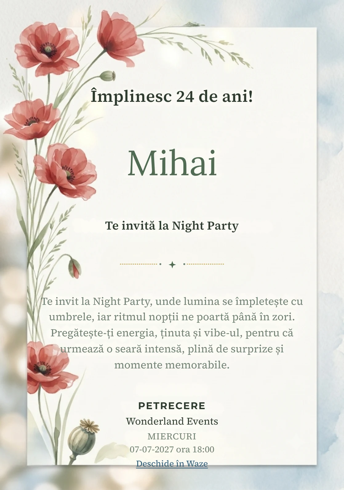 Poiana cu Maci este un model de invitații digitale pentru o aniversare adultă, definit vizual de maci picturali poziționați.