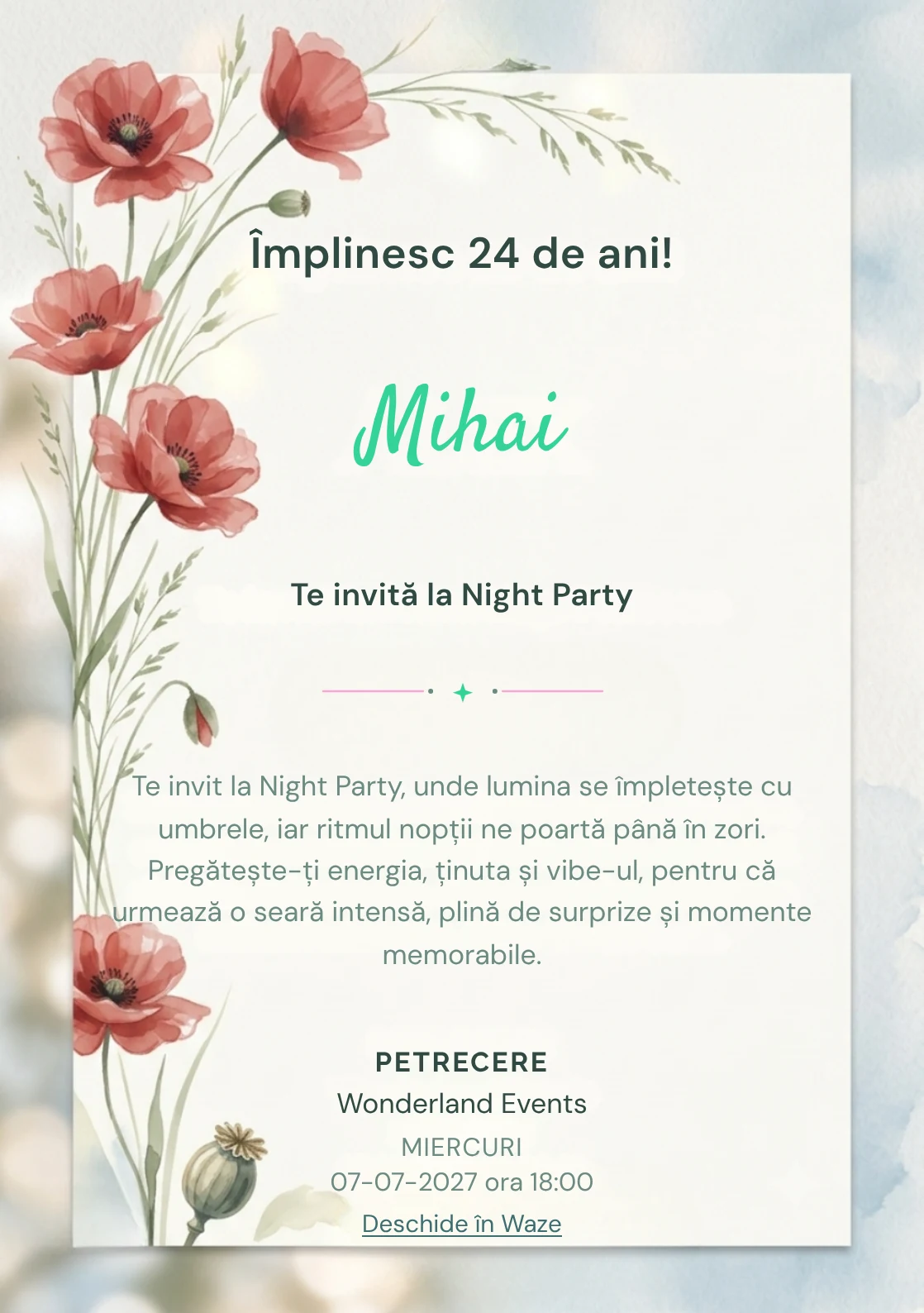 Poiana cu Maci este un model de invitații digitale pentru o aniversare adultă, definit vizual de maci picturali poziționați.
