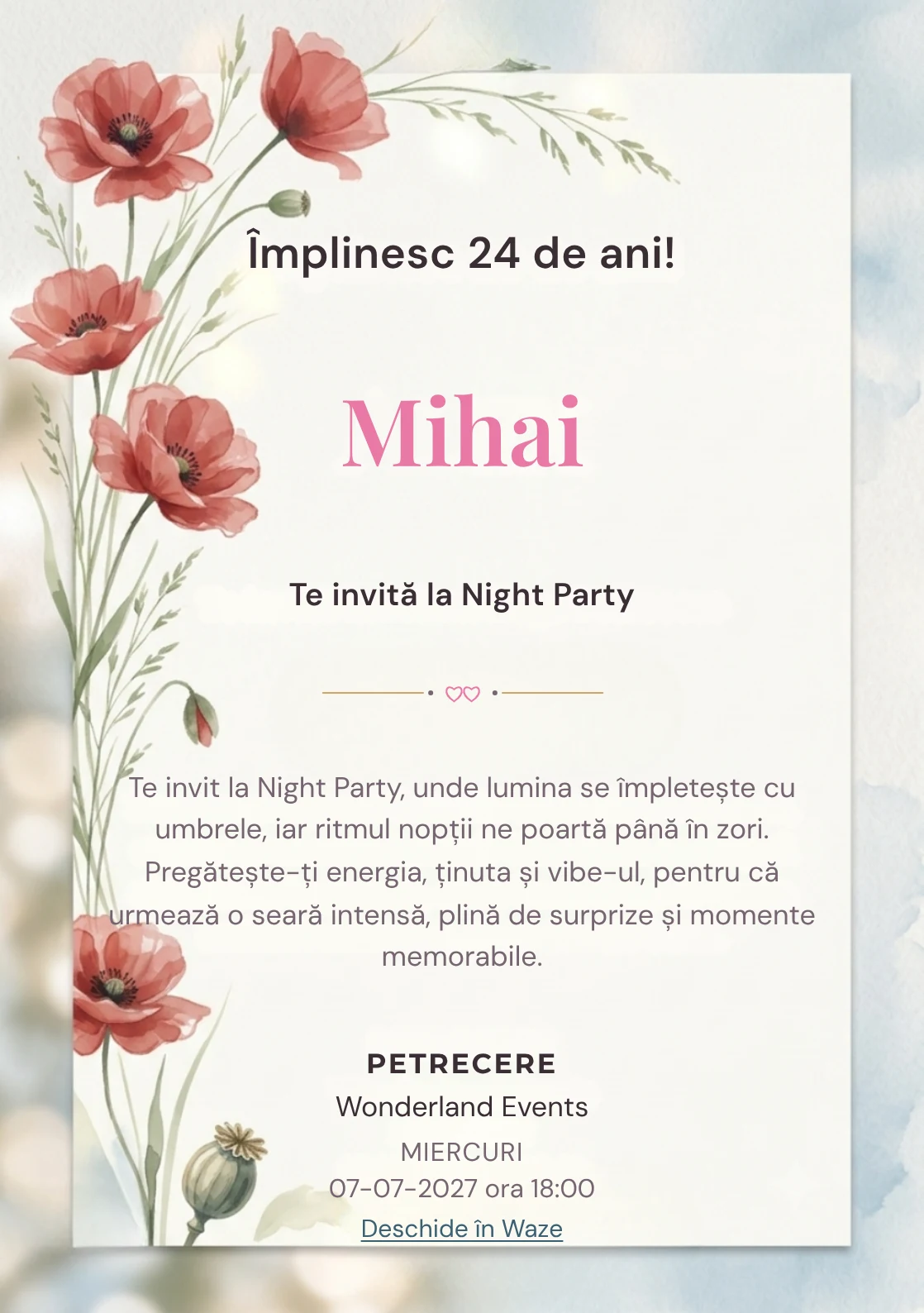 Poiana cu Maci este un model de invitații digitale pentru o aniversare adultă, definit vizual de maci picturali poziționați.