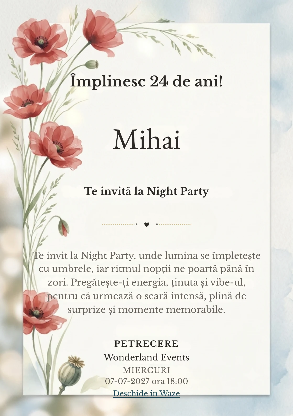 Poiana cu Maci este un model de invitații digitale pentru o aniversare adultă, definit vizual de maci picturali poziționați.