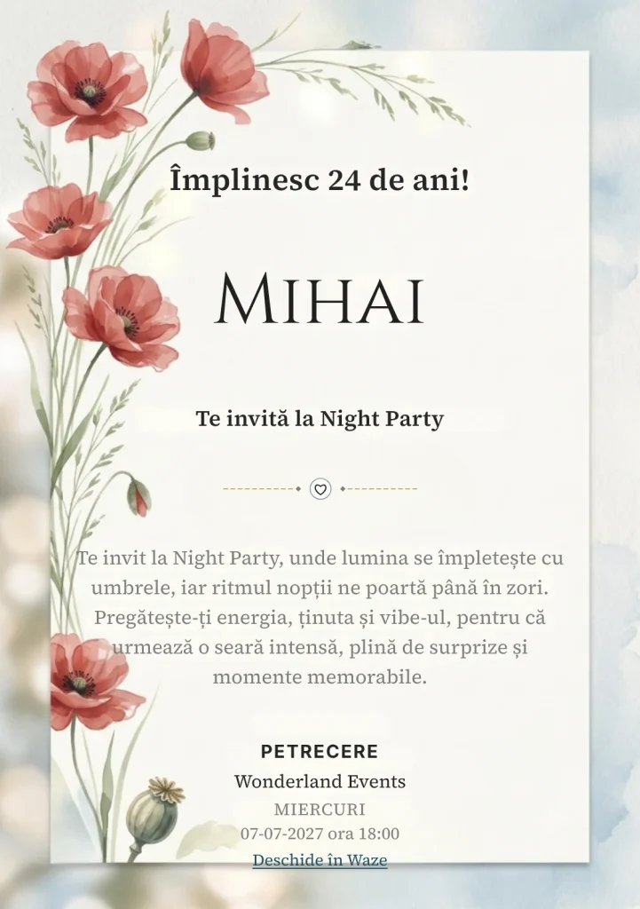 Poiana cu Maci este un model de invitații digitale pentru o aniversare adultă, definit vizual de maci picturali poziționați.