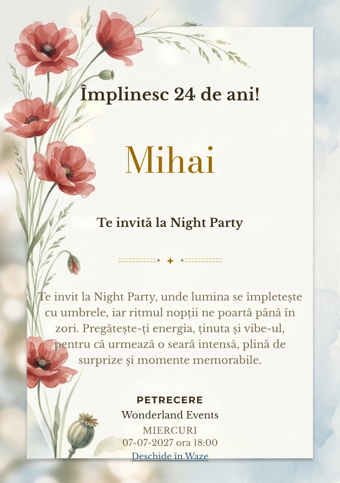 Poiana cu Maci este un model de invitații digitale pentru o aniversare adultă, definit vizual de maci picturali poziționați.