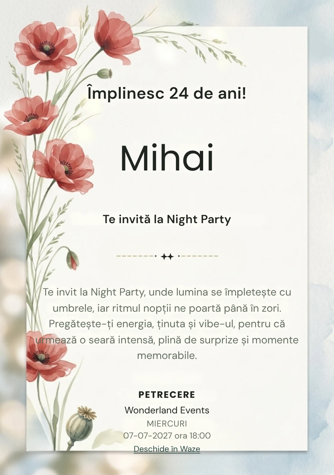 Poiana cu Maci este un model de invitații digitale pentru o aniversare adultă, definit vizual de maci picturali poziționați.
