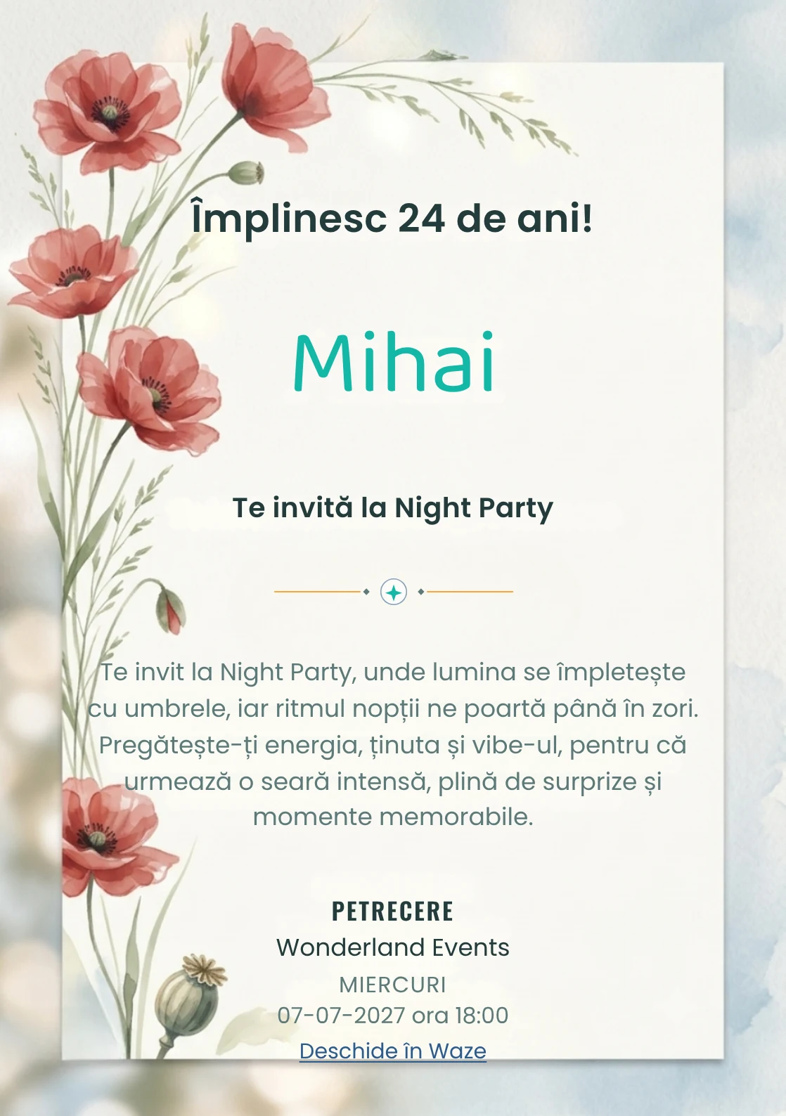 Poiana cu Maci este un model de invitații digitale pentru o aniversare adultă, definit vizual de maci picturali poziționați.