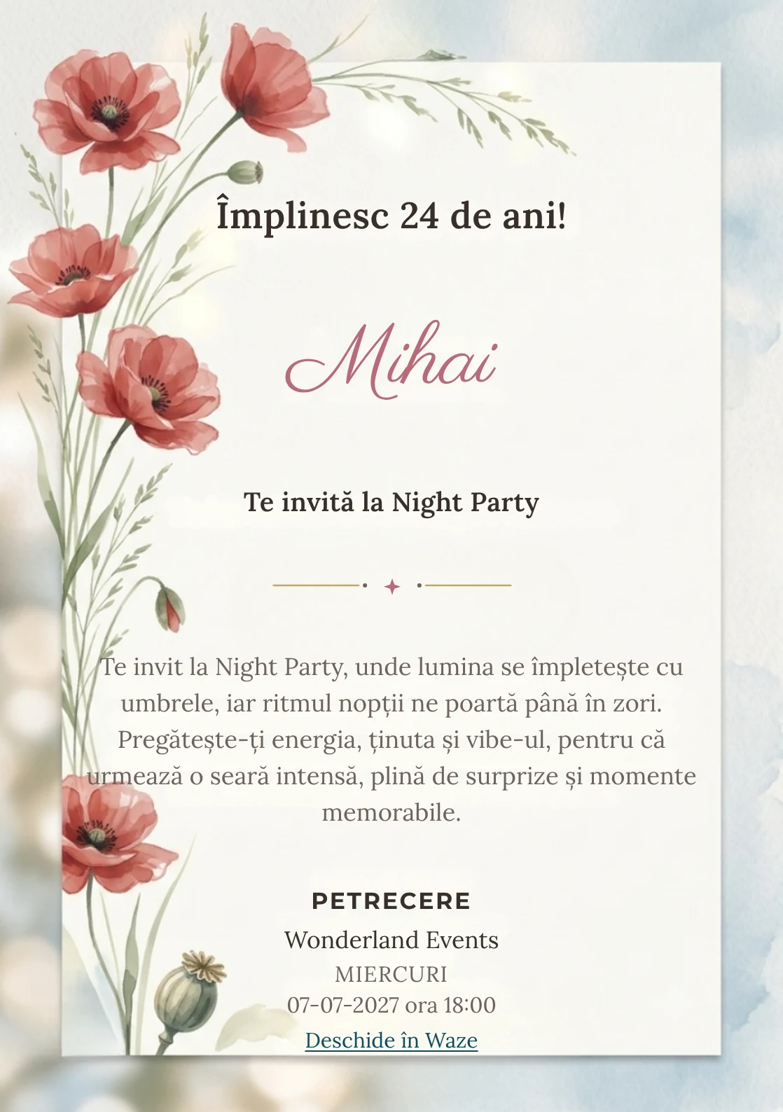 Poiana cu Maci este un model de invitații digitale pentru o aniversare adultă, definit vizual de maci picturali poziționați.