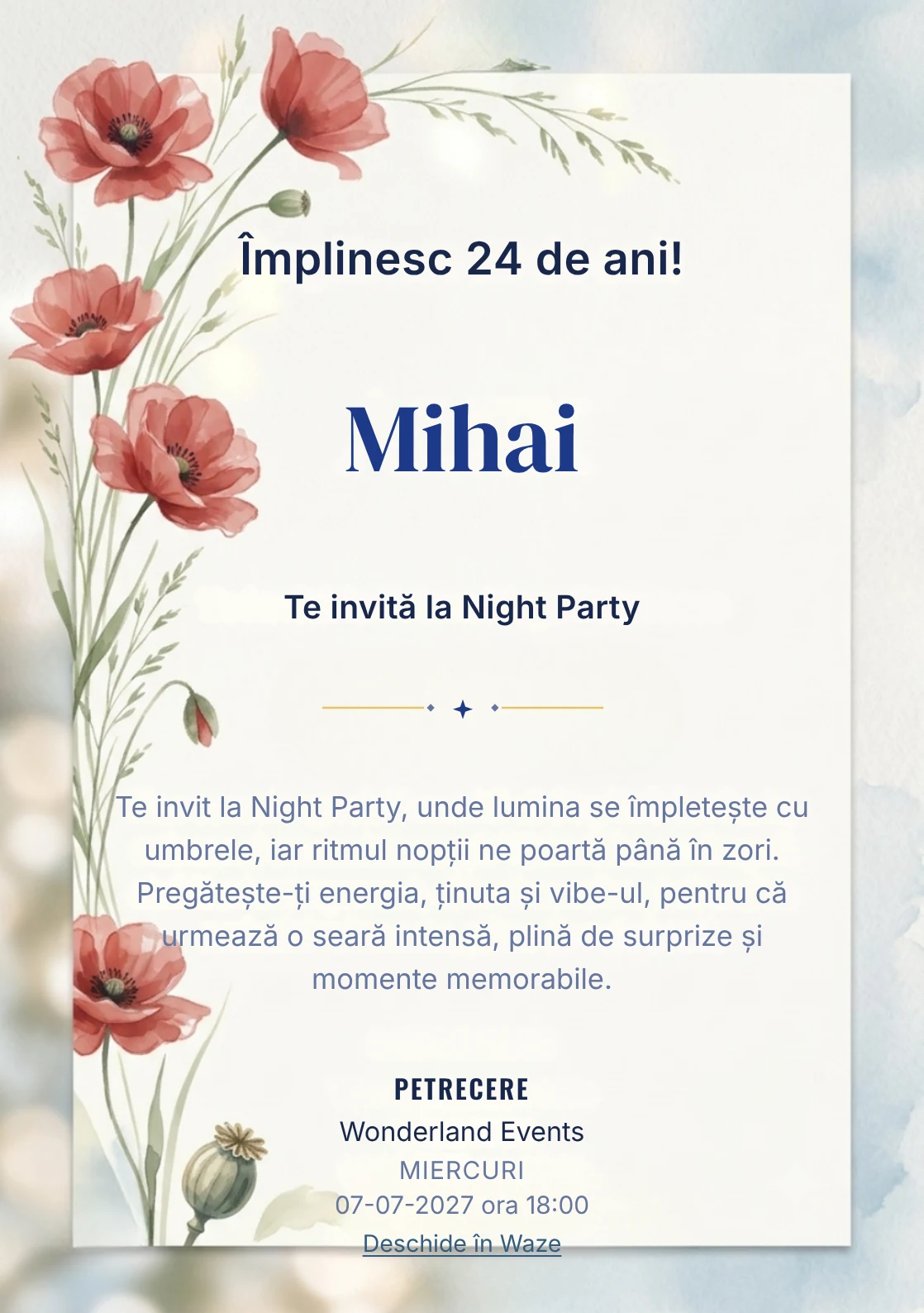 Poiana cu Maci este un model de invitații digitale pentru o aniversare adultă, definit vizual de maci picturali poziționați.
