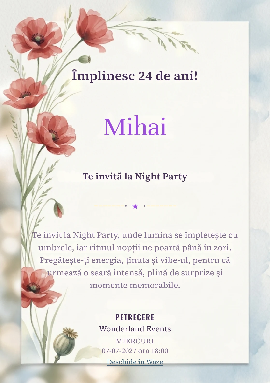 Poiana cu Maci este un model de invitații digitale pentru o aniversare adultă, definit vizual de maci picturali poziționați.