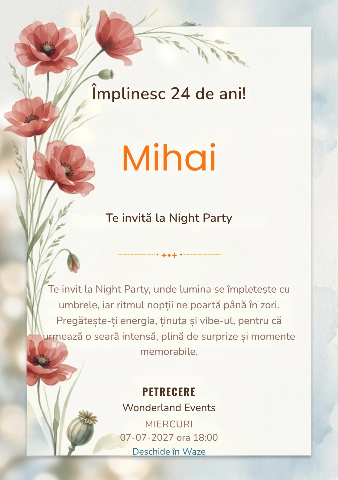 Poiana cu Maci este un model de invitații digitale pentru o aniversare adultă, definit vizual de maci picturali poziționați.