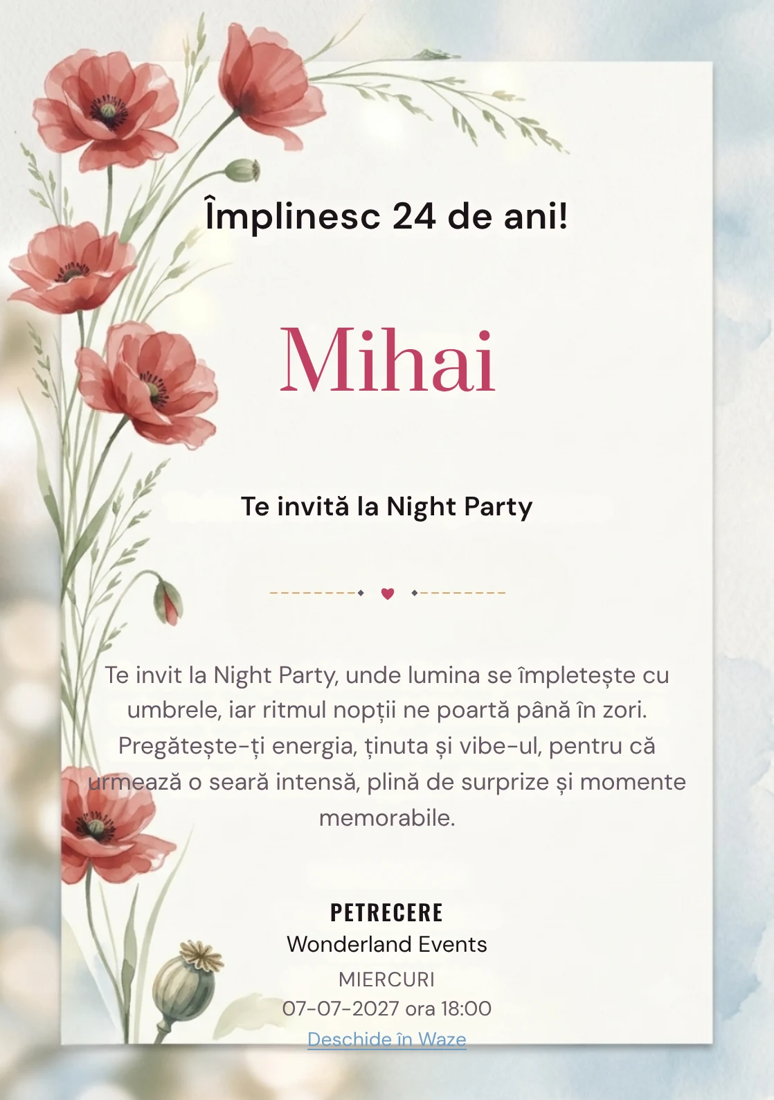 Poiana cu Maci este un model de invitații digitale pentru o aniversare adultă, definit vizual de maci picturali poziționați.
