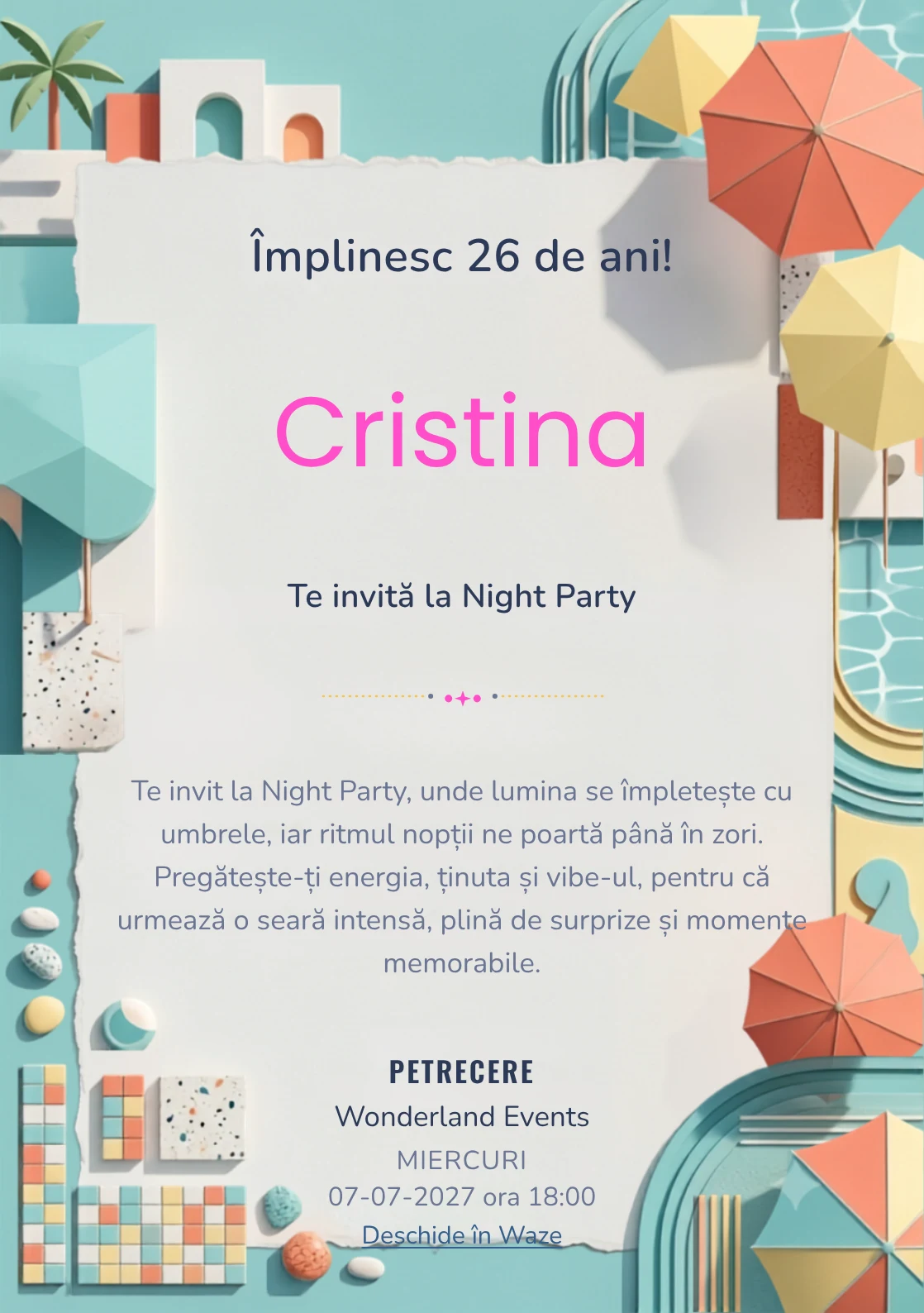 Poolside Graphic este un model de invitații online pentru o aniversare adultă, definit vizual de umbrele abstracte și reflexii de apă.