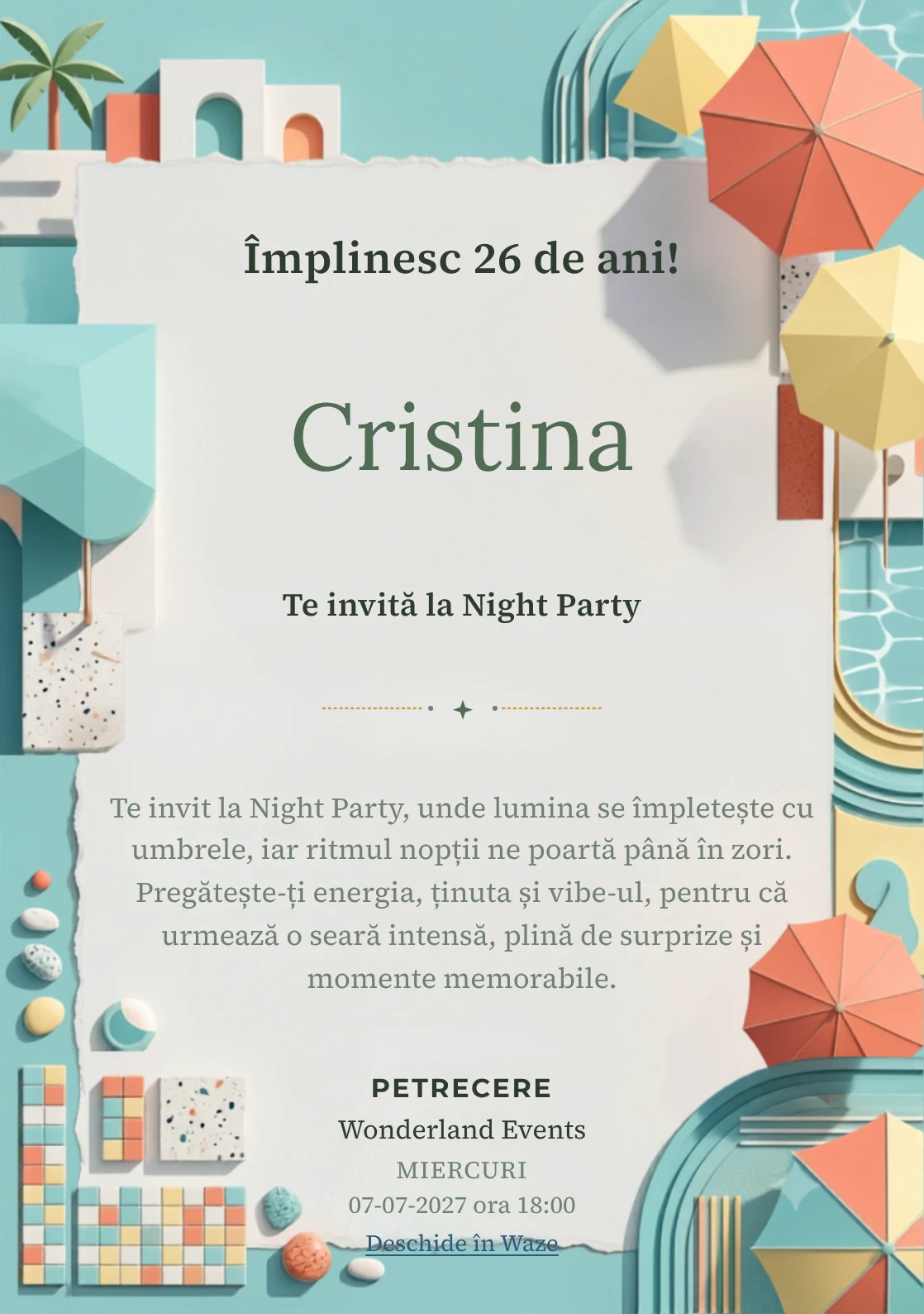 Poolside Graphic este un model de invitații online pentru o aniversare adultă, definit vizual de umbrele abstracte și reflexii de apă.