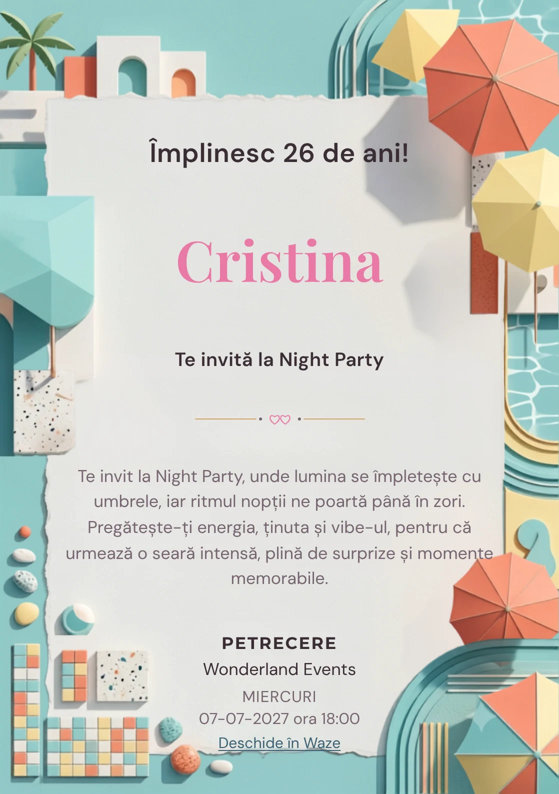 Poolside Graphic este un model de invitații online pentru o aniversare adultă, definit vizual de umbrele abstracte și reflexii de apă.