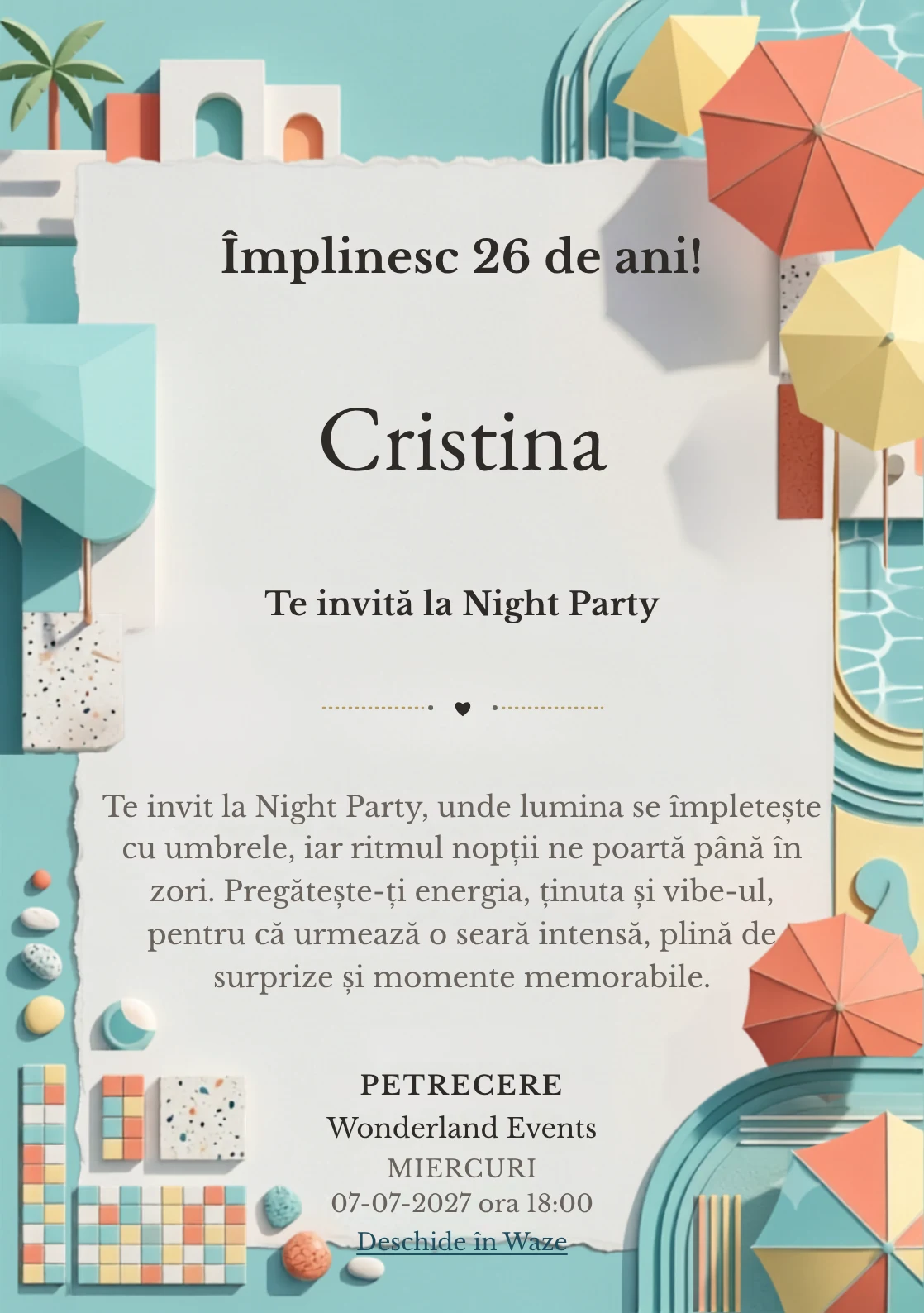 Poolside Graphic este un model de invitații online pentru o aniversare adultă, definit vizual de umbrele abstracte și reflexii de apă.