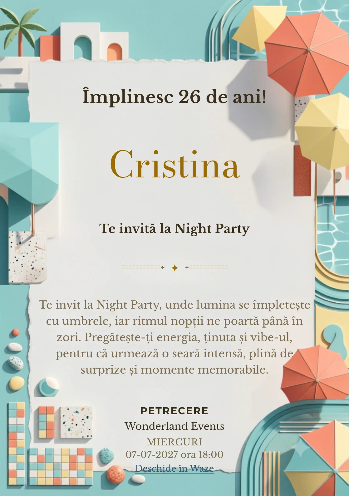 Poolside Graphic este un model de invitații online pentru o aniversare adultă, definit vizual de umbrele abstracte și reflexii de apă.